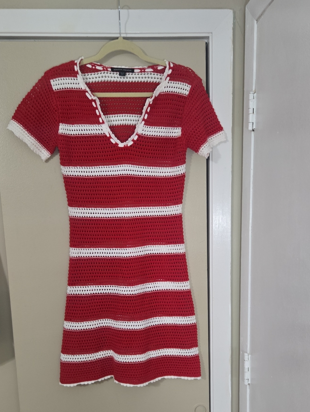 Boston Proper Red and White Striped Crochet Short Sleeve Dress Size XS Cosplay